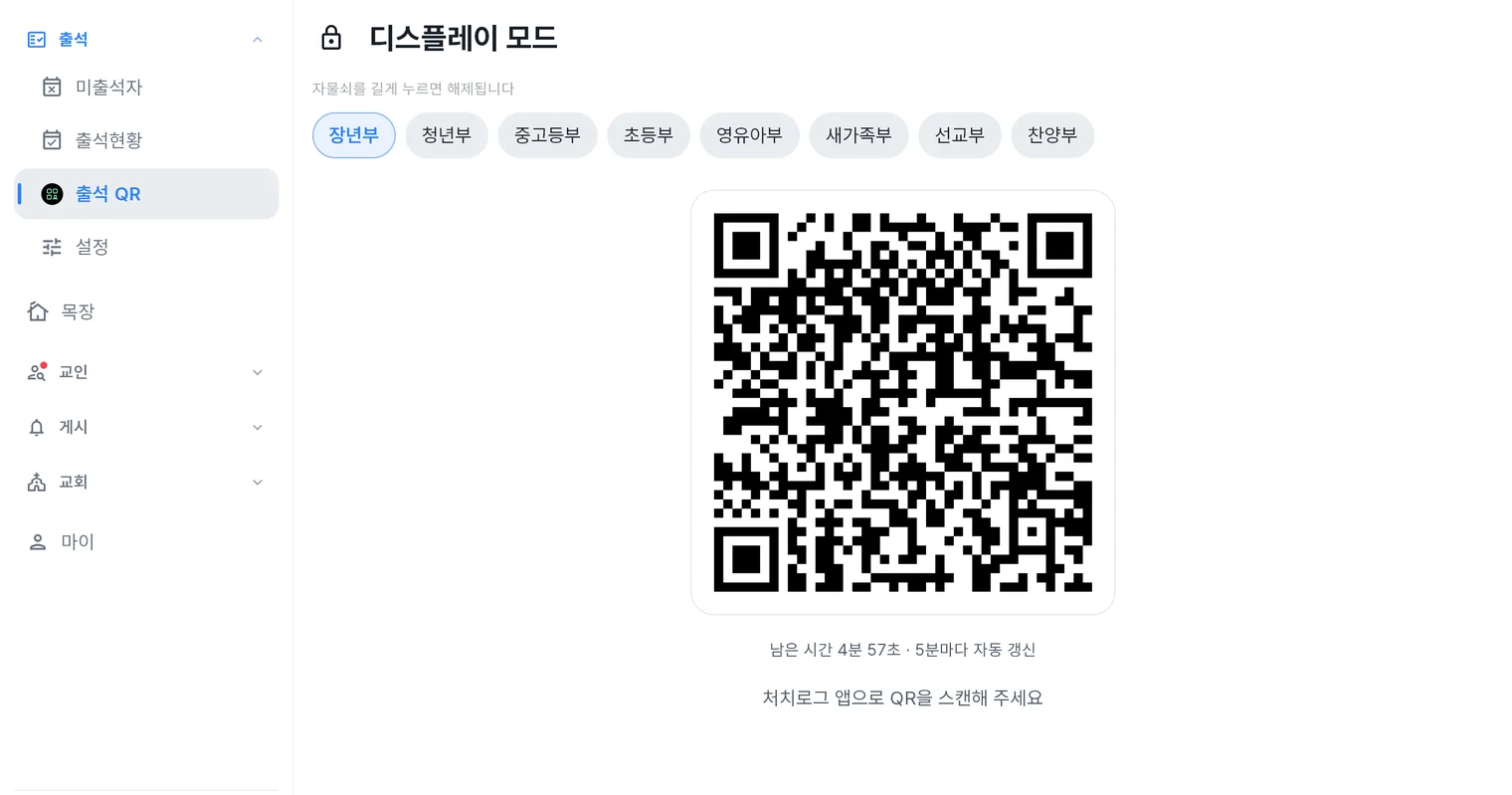 처치로그 관리자 앱 출석 QR 화면 — 디스플레이 모드로 잠긴 부서별 QR 코드와 남은 시간