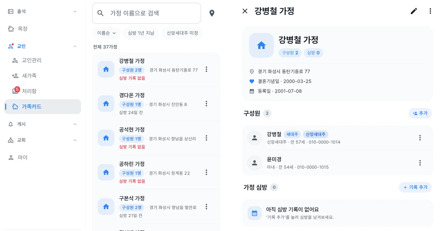 처치로그 관리자 앱 가족카드 화면 — 가정 목록과 선택한 가정의 구성원·주소·결혼기념일·심방 이력