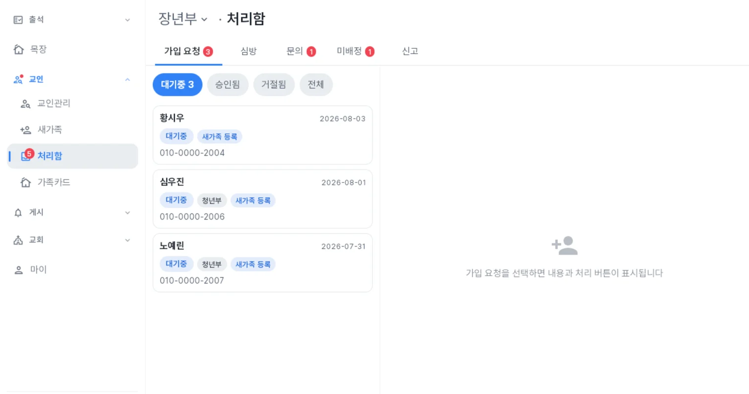 처치로그 관리자 앱 처리함 — 가입 요청·심방·문의·미배정·신고 탭과 대기 중인 건