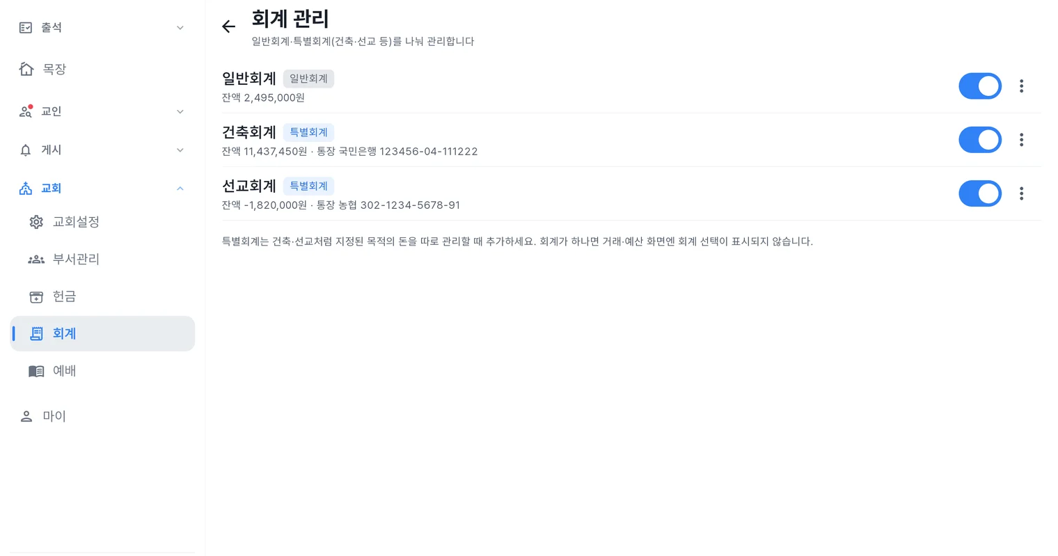 처치로그 관리자 앱 회계 관리 화면 — 일반회계·건축회계·선교회계와 각 잔액·통장