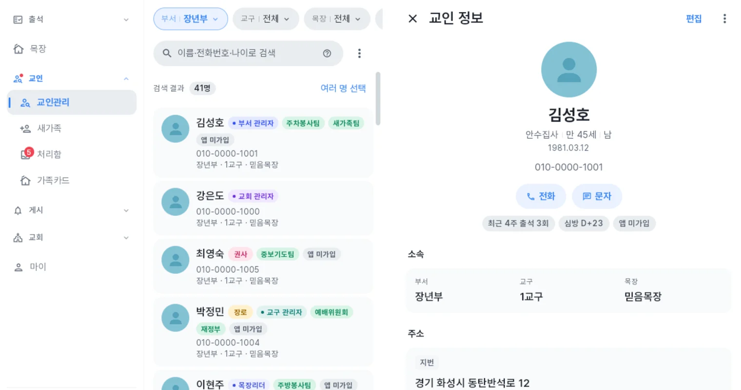 처치로그 관리자 앱 교인 정보 화면 — 직분·소속·연락처·주소와 최근 출석·심방 배지