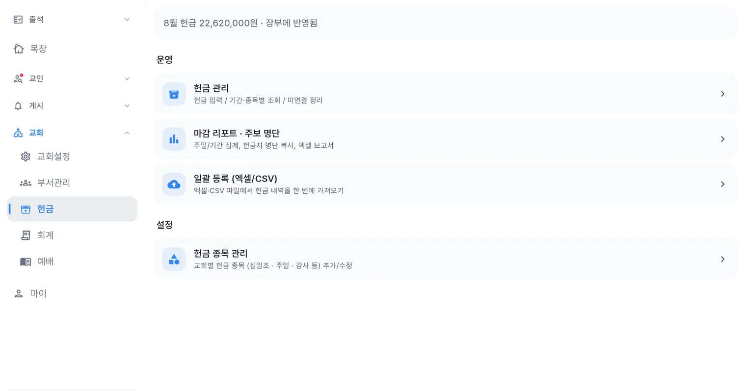 처치로그 관리자 앱 헌금 화면 — 이번 달 헌금 총액과 장부 반영 여부, 헌금 관리·마감 리포트·일괄 등록·종목 관리 메뉴